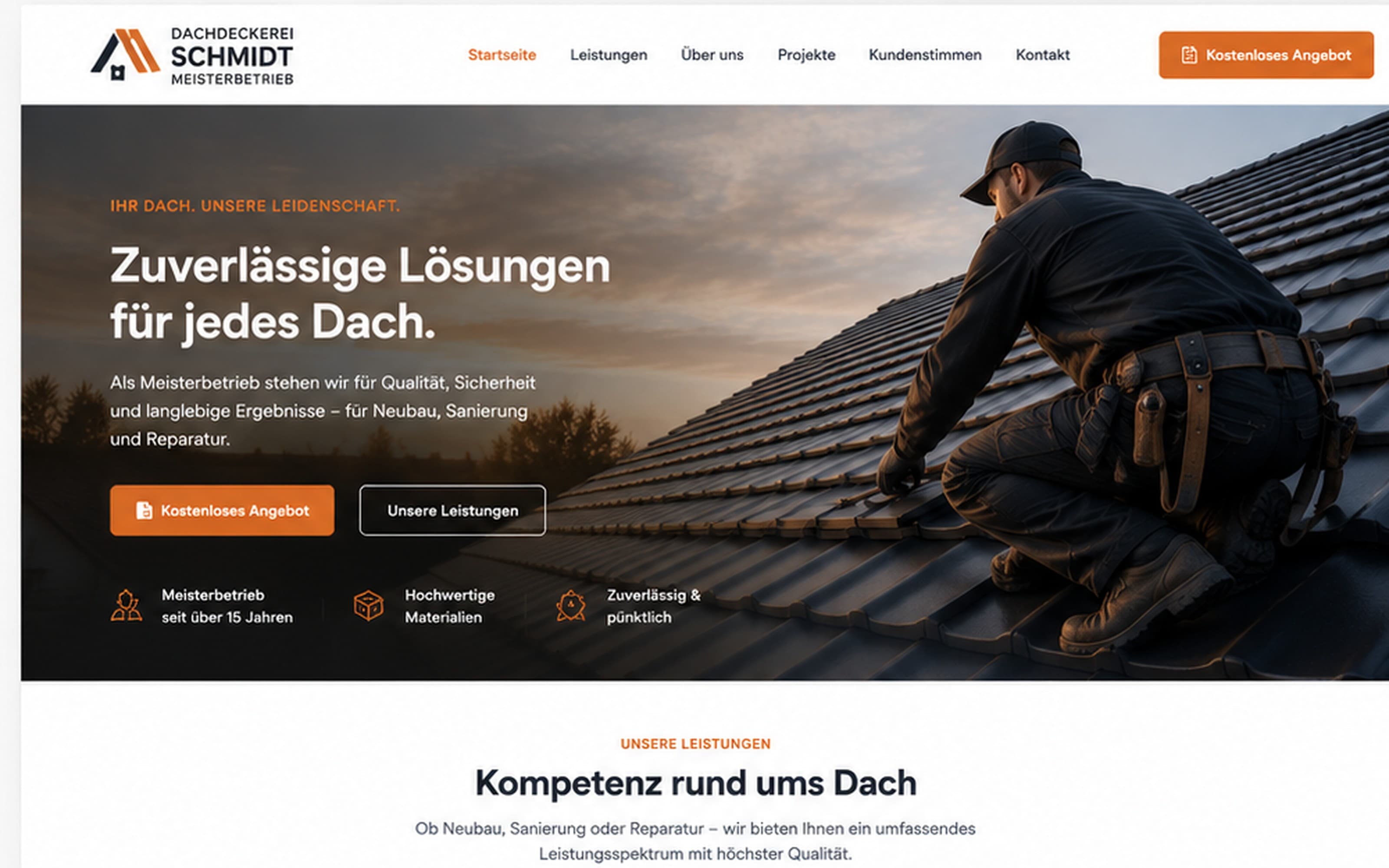 Screenshot der Demo-Website für die Dachdeckerei Schmidt mit Hero-Bereich, Navigation und Leistungen