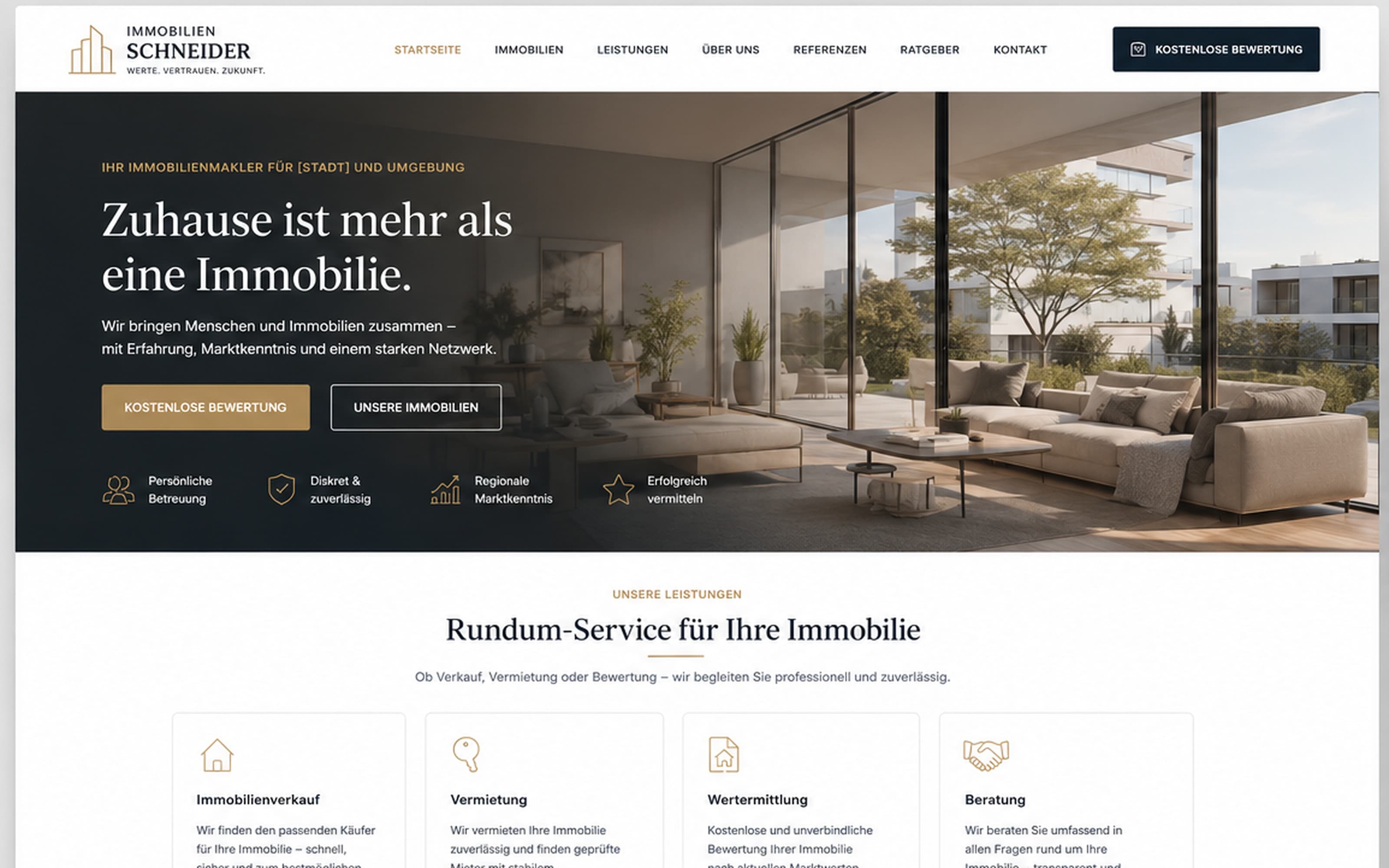 Screenshot der Demo-Website für Immobilien Schneider mit Hero-Bereich, Navigation und Leistungen