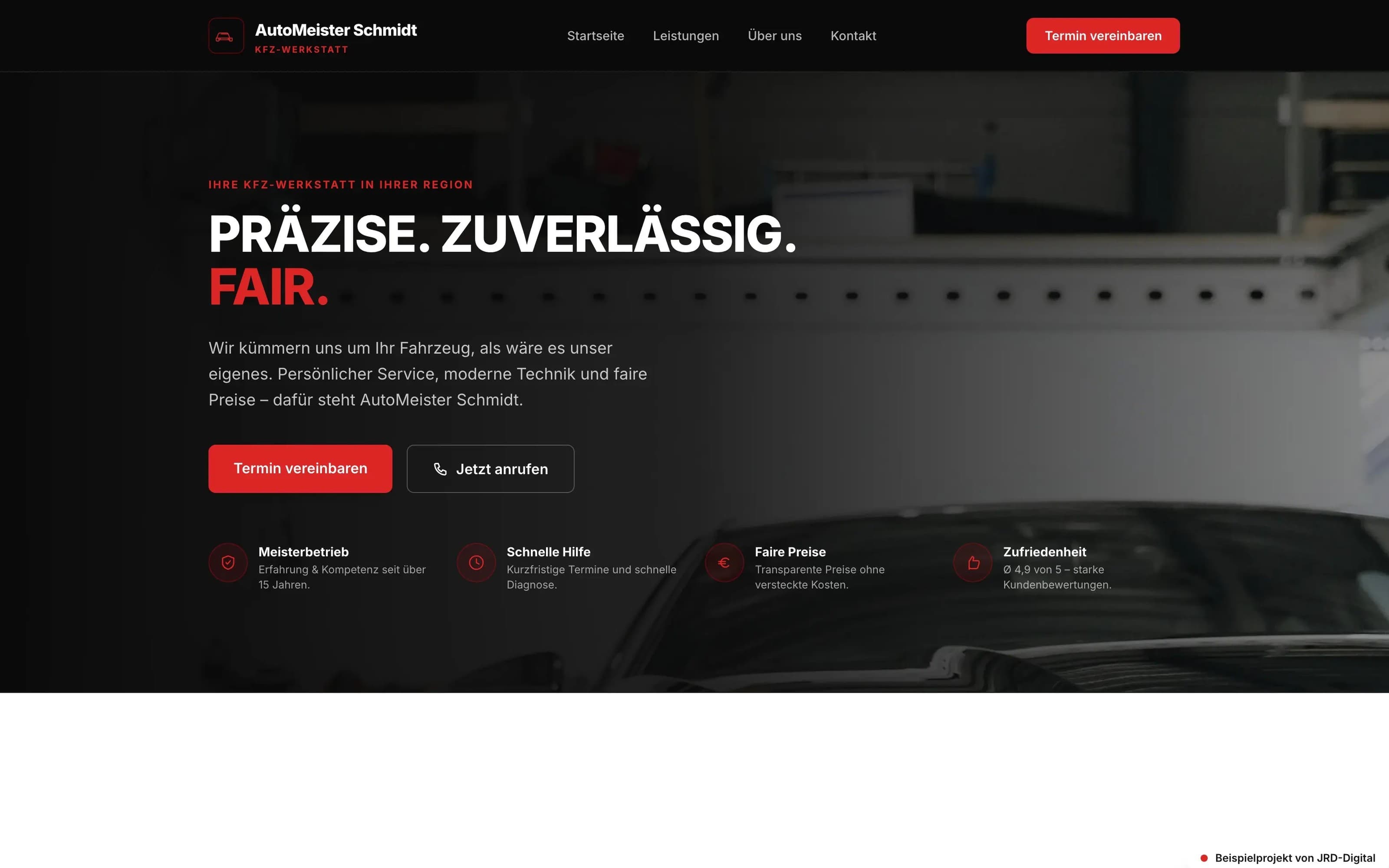 Screenshot der Demo-Website für eine moderne KFZ-Werkstatt mit Hero-Bereich, Navigation und Leistungen