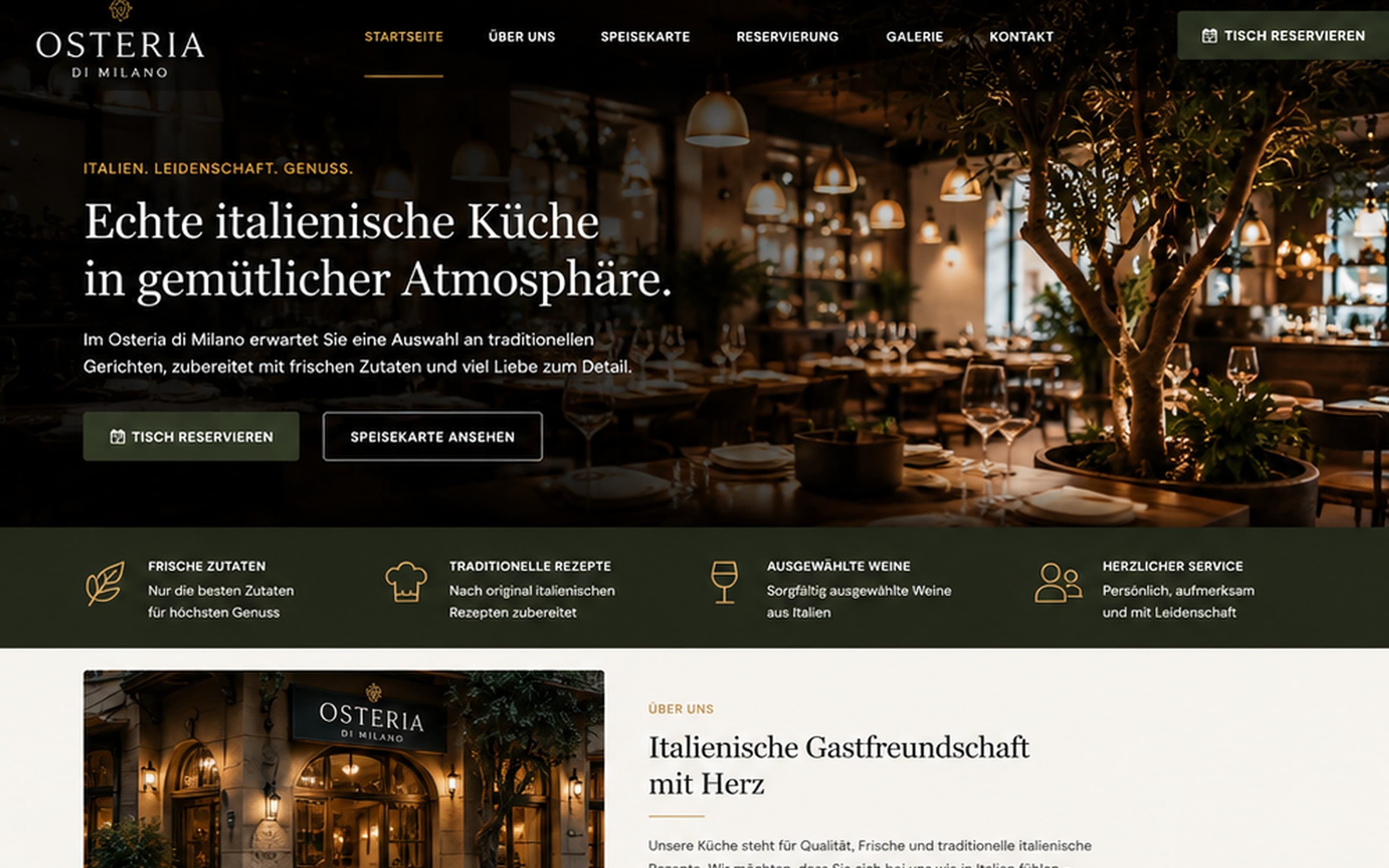Screenshot der Demo-Website für die Osteria di Milano mit Hero-Bereich, Navigation und Speisekarte