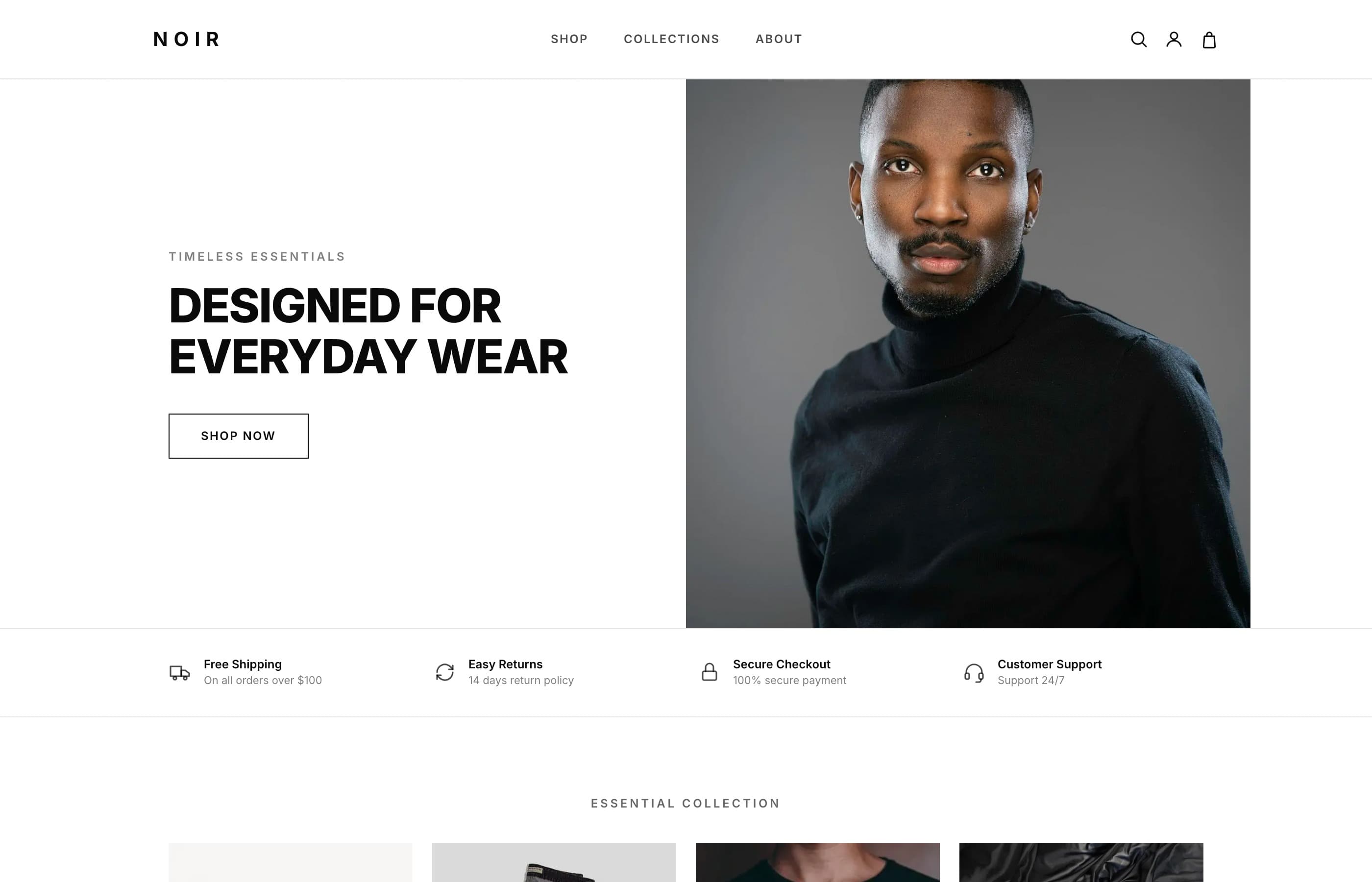 Desktop-Mockup von NOIR – Shopify Fashion Store