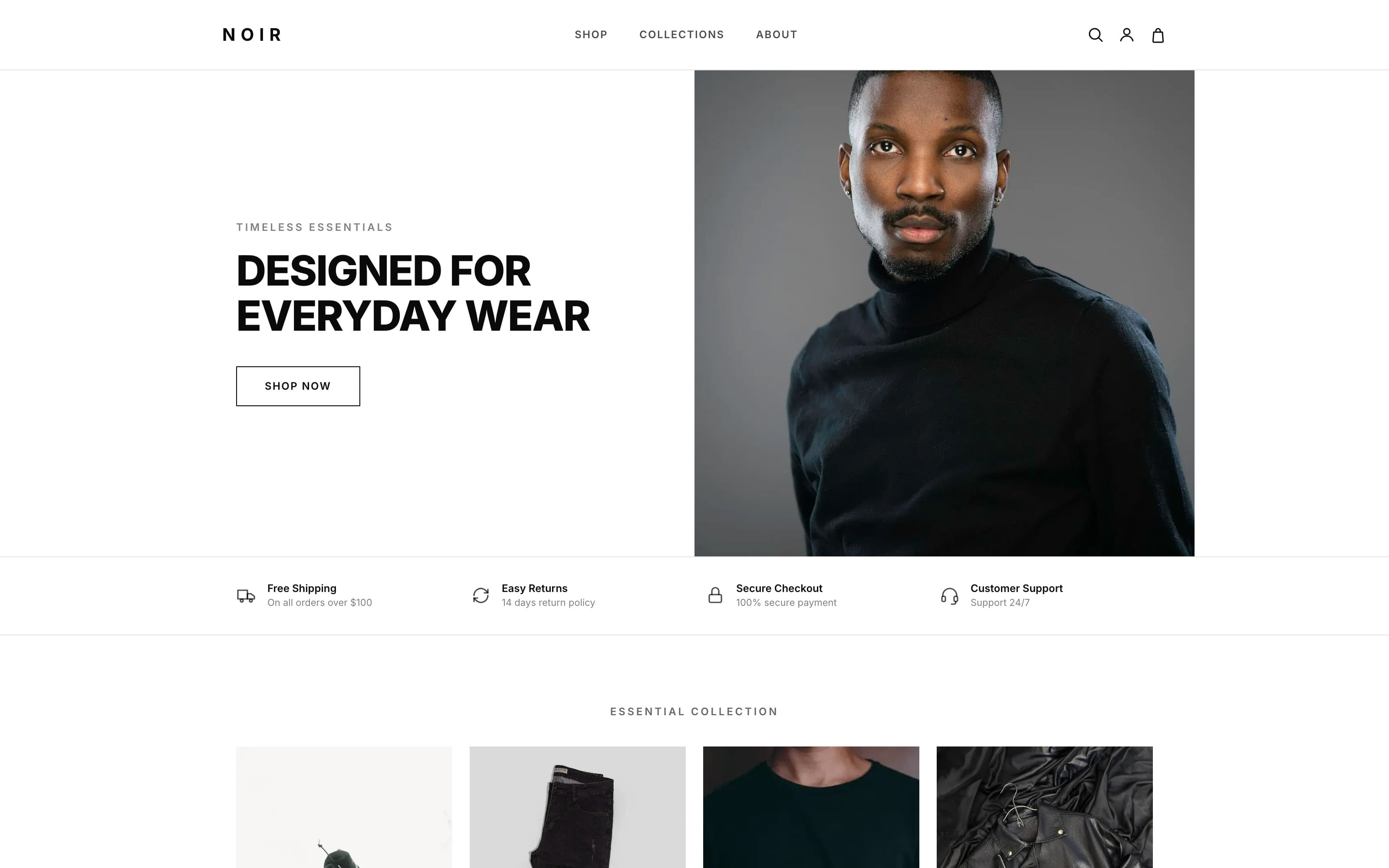 Screenshot des Shopify-Stores NOIR mit Hero-Bereich, Navigation und Produktkollektion
